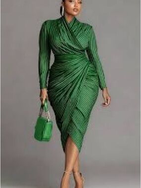Xpluswear Emerald Ruched Wrap Midi Dress with Long Sleeves - Women